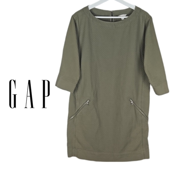 GAP Quilted Zippered-Pockets Shift Dress, Olive Green, Size S - Picture 6 of 6